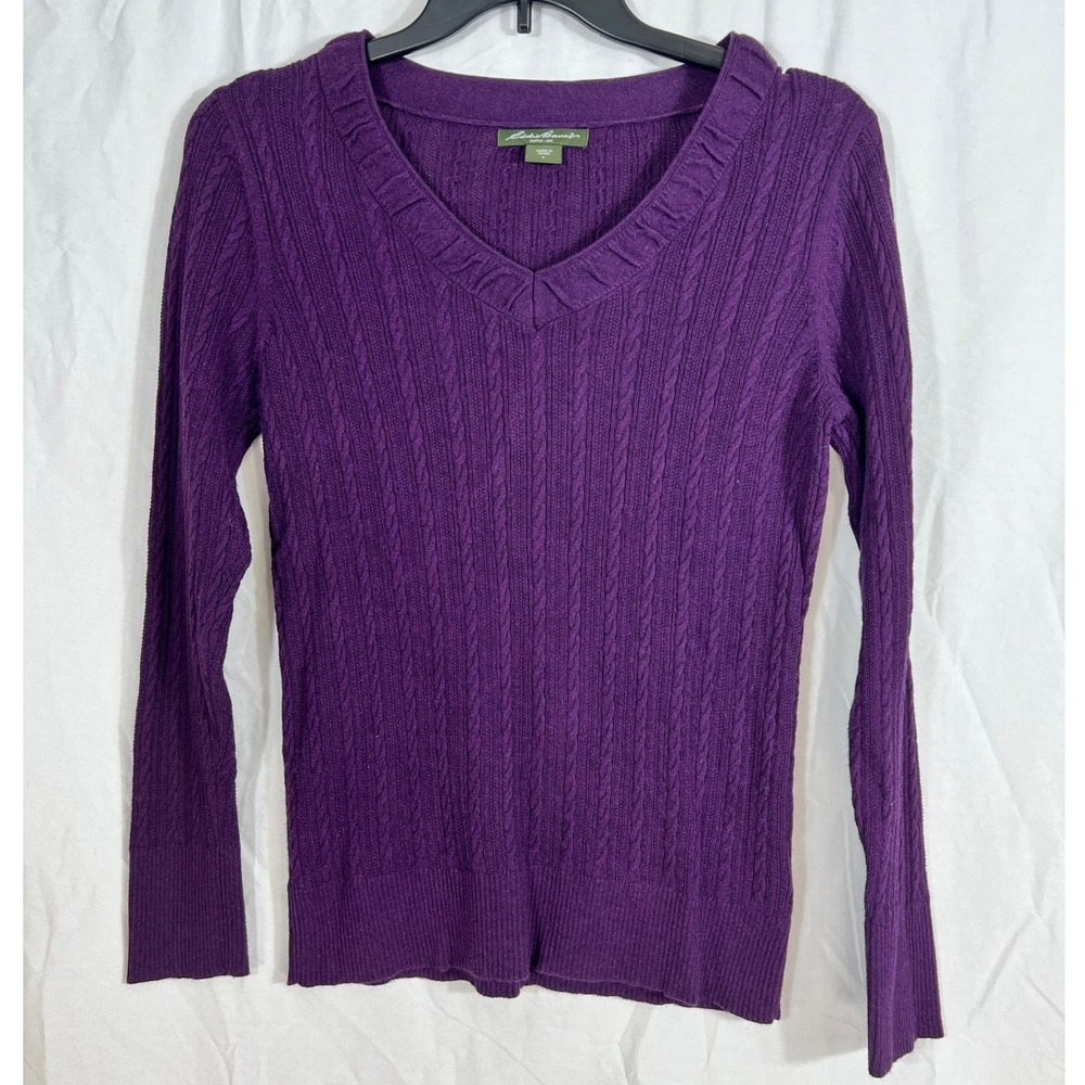 Eddie Bauer Cable Knit Sweater Women L Purple Plum V Neck Classic Preppy